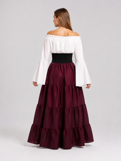 Floor-Length Dress with a Corset Belt and Tiered Skirt back view