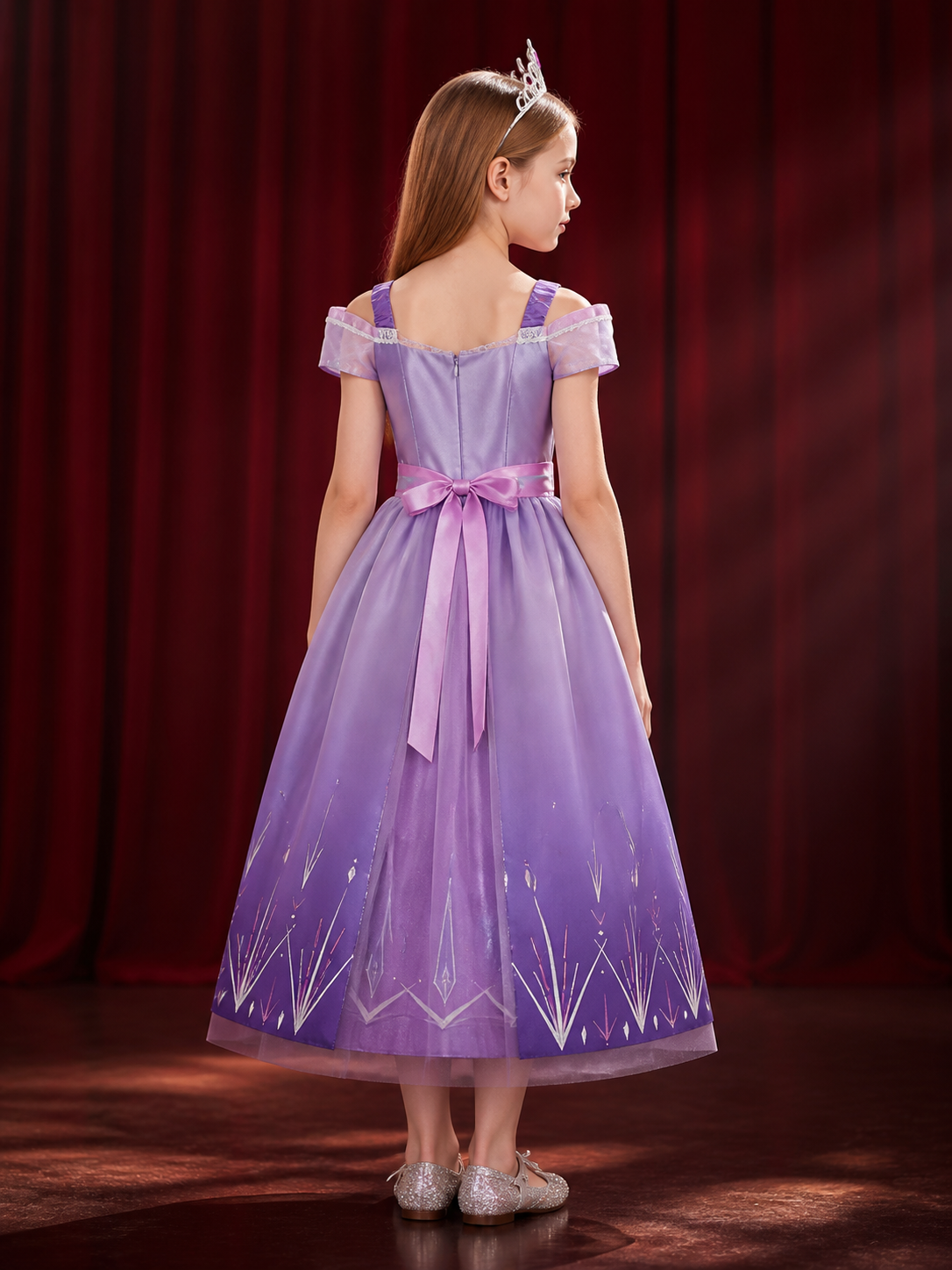 Girls Princess Fairy Tale Costume Dress, Purple Pink Tulle with Star Pattern back view