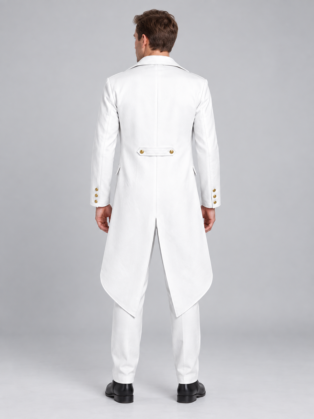 Long white tailcoat with lapels and gold buttons