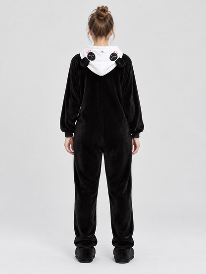 Black and White Flannel Pajama Jumpsuit with Ears