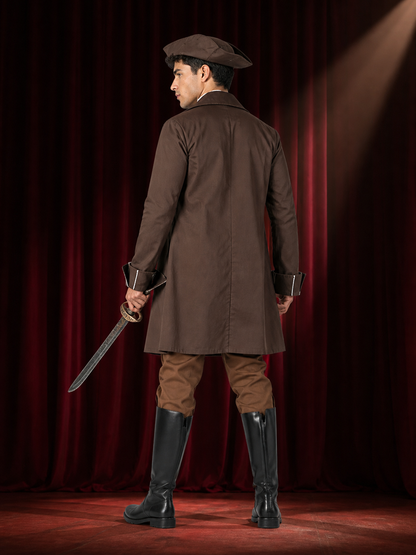Adult Pirate Costume Set with Long Coat, Vest, Shirt, Hat, Belts, Pants and Boot back view