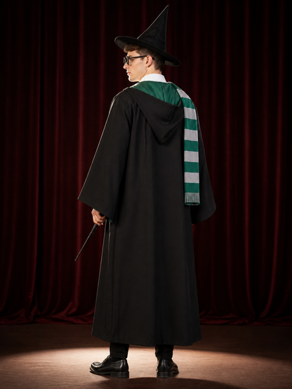 Wizard Costume Set, Hooded Robe With Hat, Scarf, Tie, Wand And Glasses, Green back view