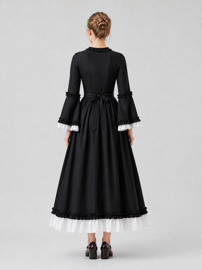 Renaissance-Style Retro Dress, Black and White, with Ruffles back view