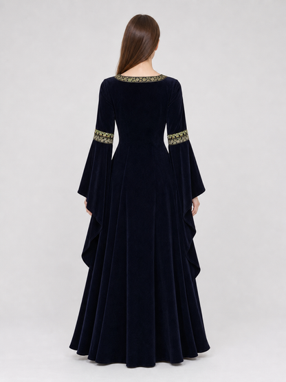 Medieval-style dress with flared sleeves, lacing, and decorative trim. The design is made in black with a cream-colored center panel and golden floral elements along the edges and on the cuffs. The open front layer frames the light-colored 