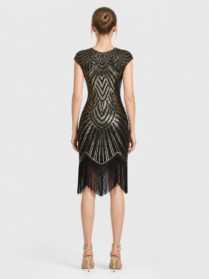 Sequin Dress with Long Fringe, Midi, Fitted back view