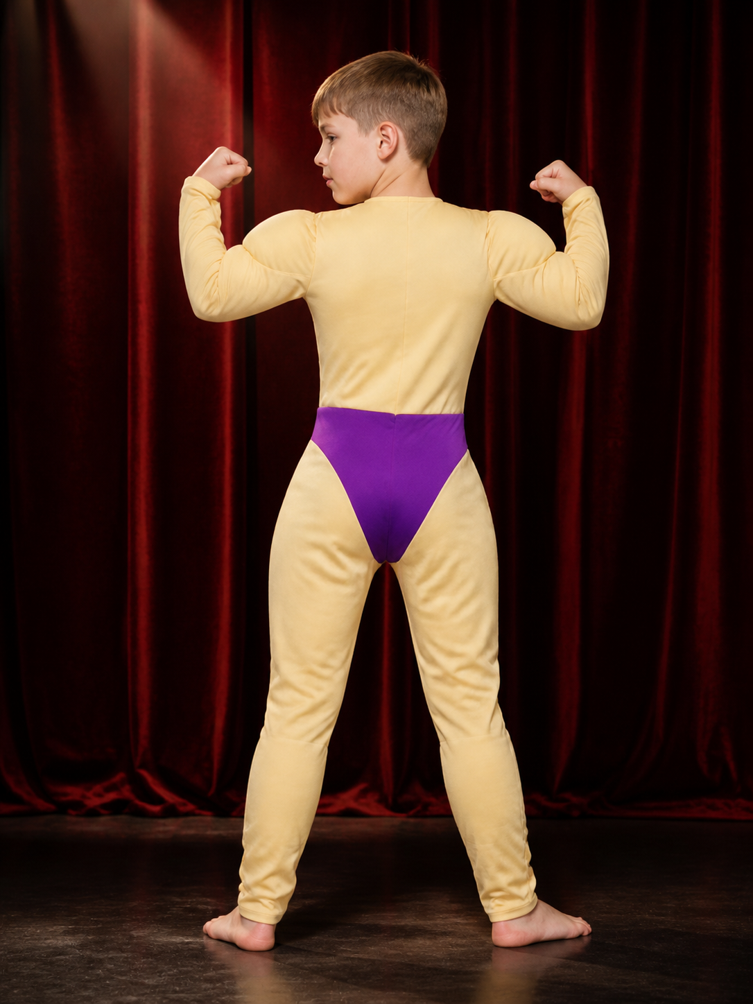 Kids' Funny Padded Muscle Bodysuit Costume, Yellow and Purple Halloween Cosplay back view