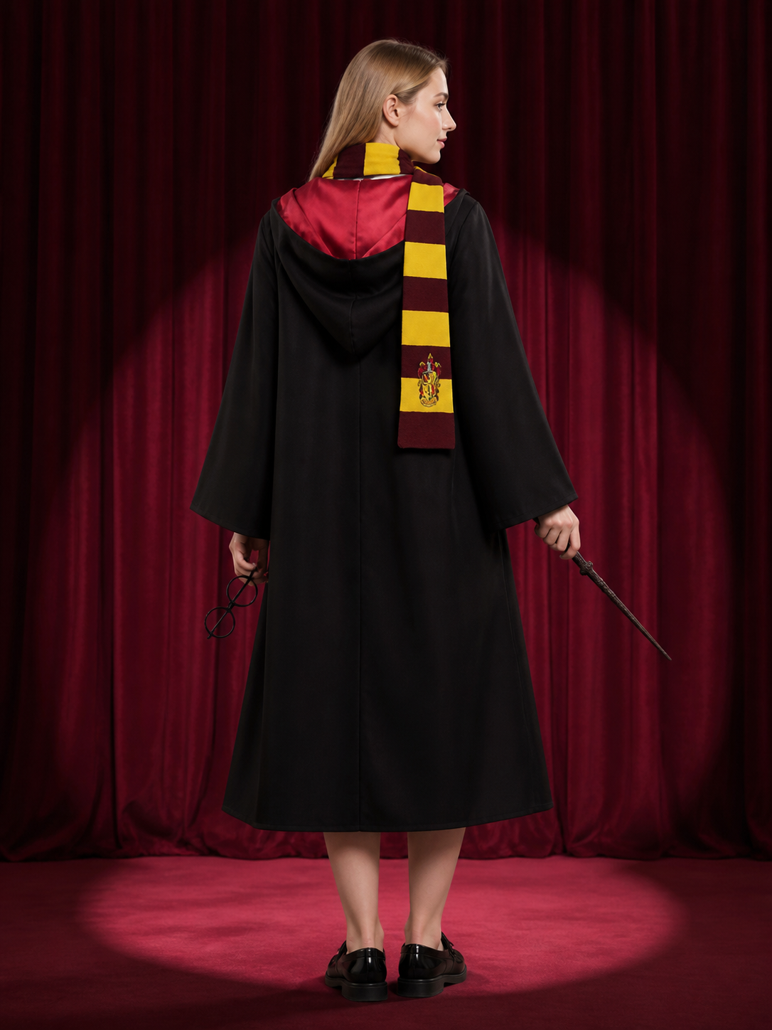 Black Hooded Wizard Robe Costume Set with School Crest, Scarf, Tie, Wand & back view