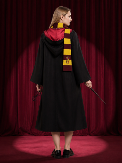Black Hooded Wizard Robe Costume Set with School Crest, Scarf, Tie, Wand & back view
