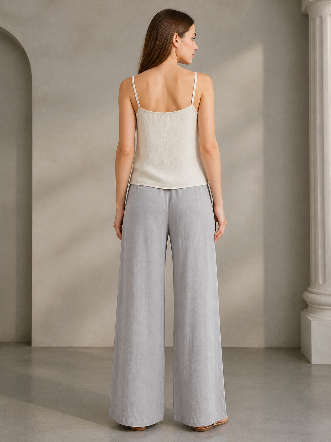 Gray wide-leg jeans with a drawstring and elastic waistband back view 3