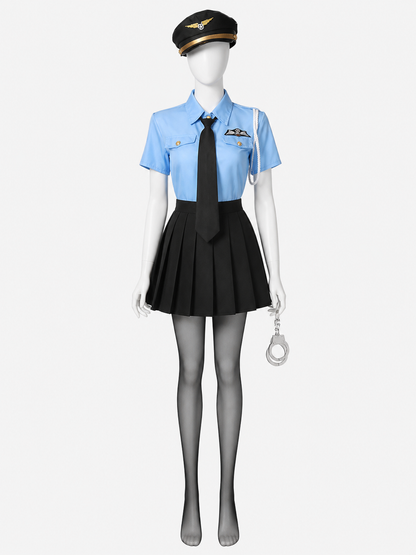 Women's Police Officer Costume Set with Light Blue Top, Pleated Skirt, Hat and back view
