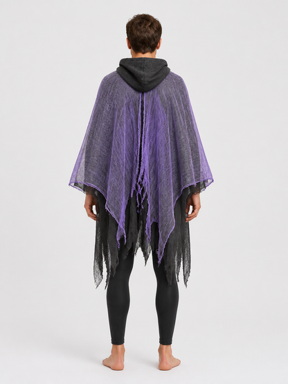 Purple Hooded Cloak with Tattered Hem for Halloween back view