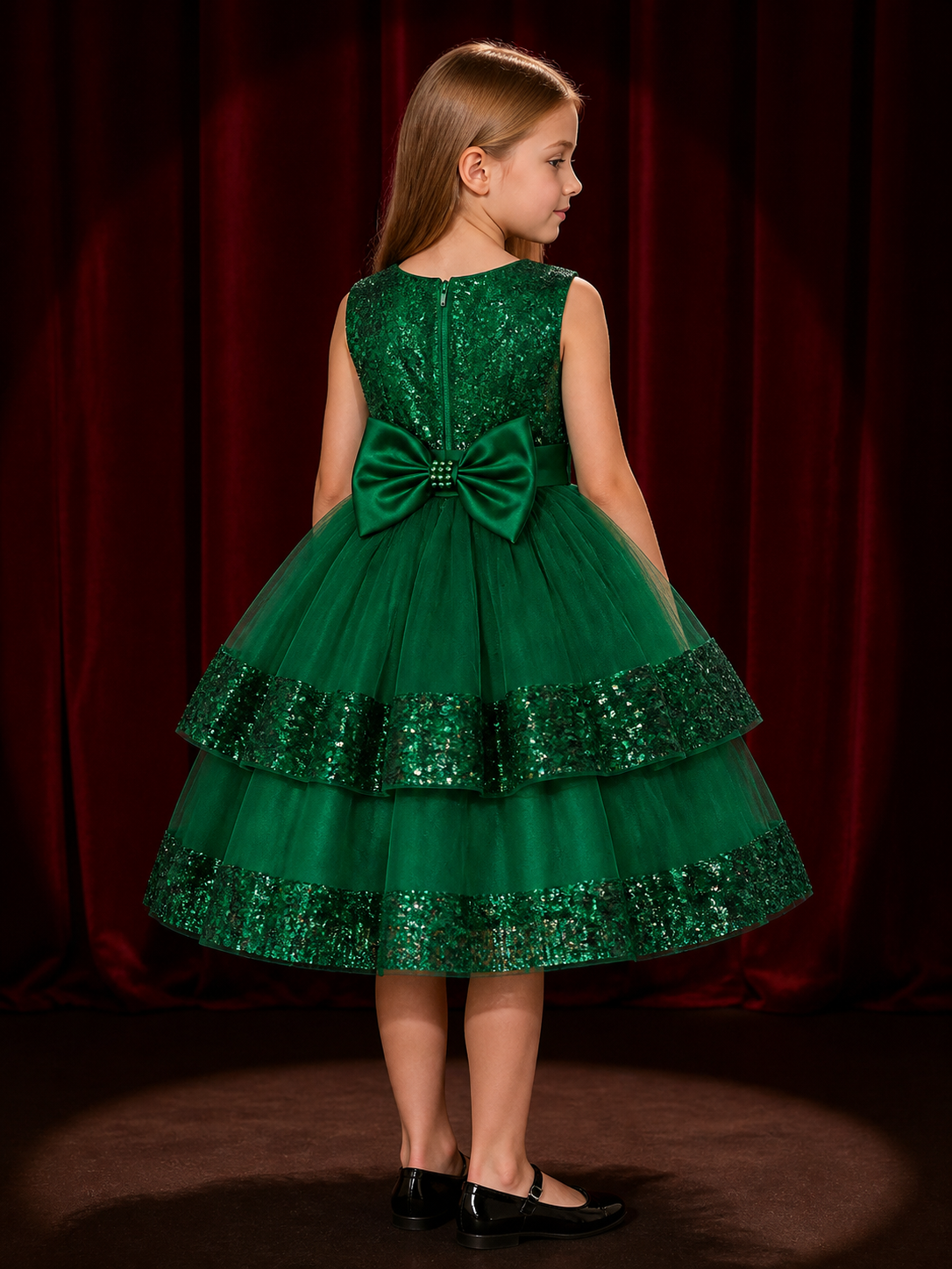 Girls' Dark Green Sequined Princess Dress, Layered Mesh Skirt With Satin Bow