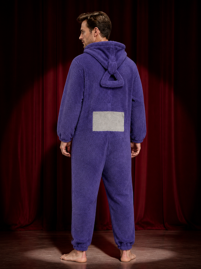 Adult Unisex Purple Cartoon Character Hooded Jumpsuit Costume, Front Zip Funny back view