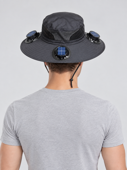 Dark Gray Wide-Brim Panama Hat with Fans back view
