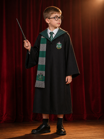 Green Wizard Costume Set, Hooded Robe With Tie, Scarf, Glasses & Wand back view