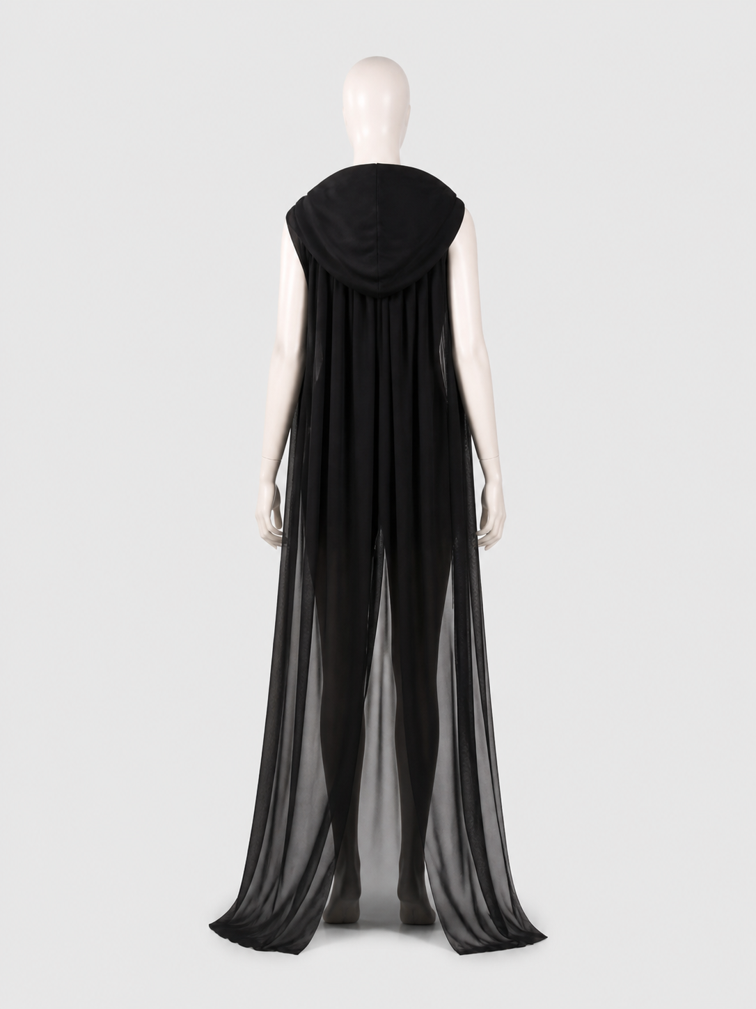 Long Black Hooded Mesh Cloak for Halloween back view