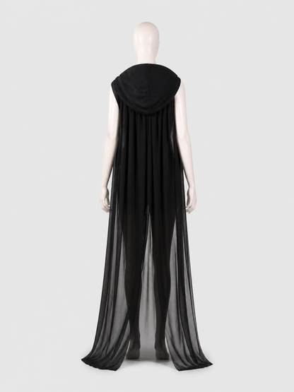 Long Black Hooded Mesh Cloak for Halloween back view