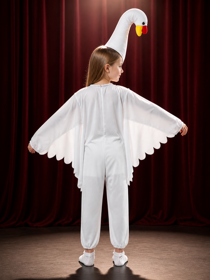 Kids White Goose Costume Jumpsuit with Wings and Hood for Halloween Party back view