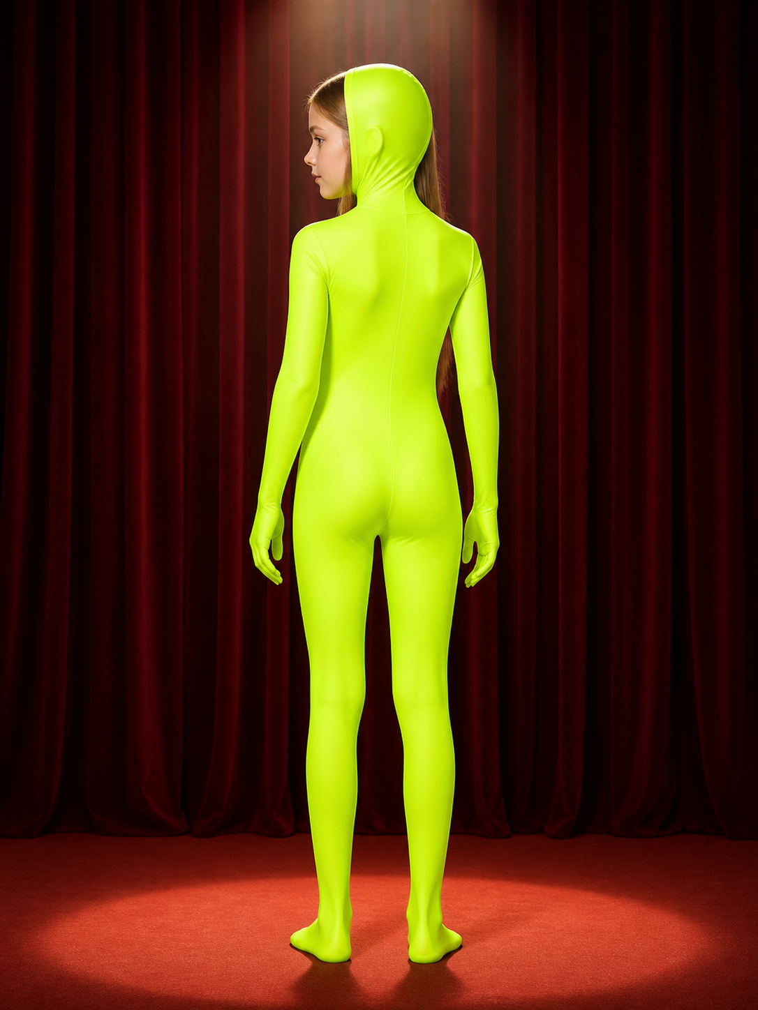Unisex Fluorescent Yellow-Green Hooded Zentai Suit Costume for Stage Performance