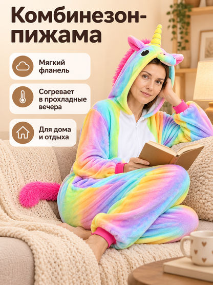 Flannel Rainbow Hooded and Tailed Jumpsuit Pajama