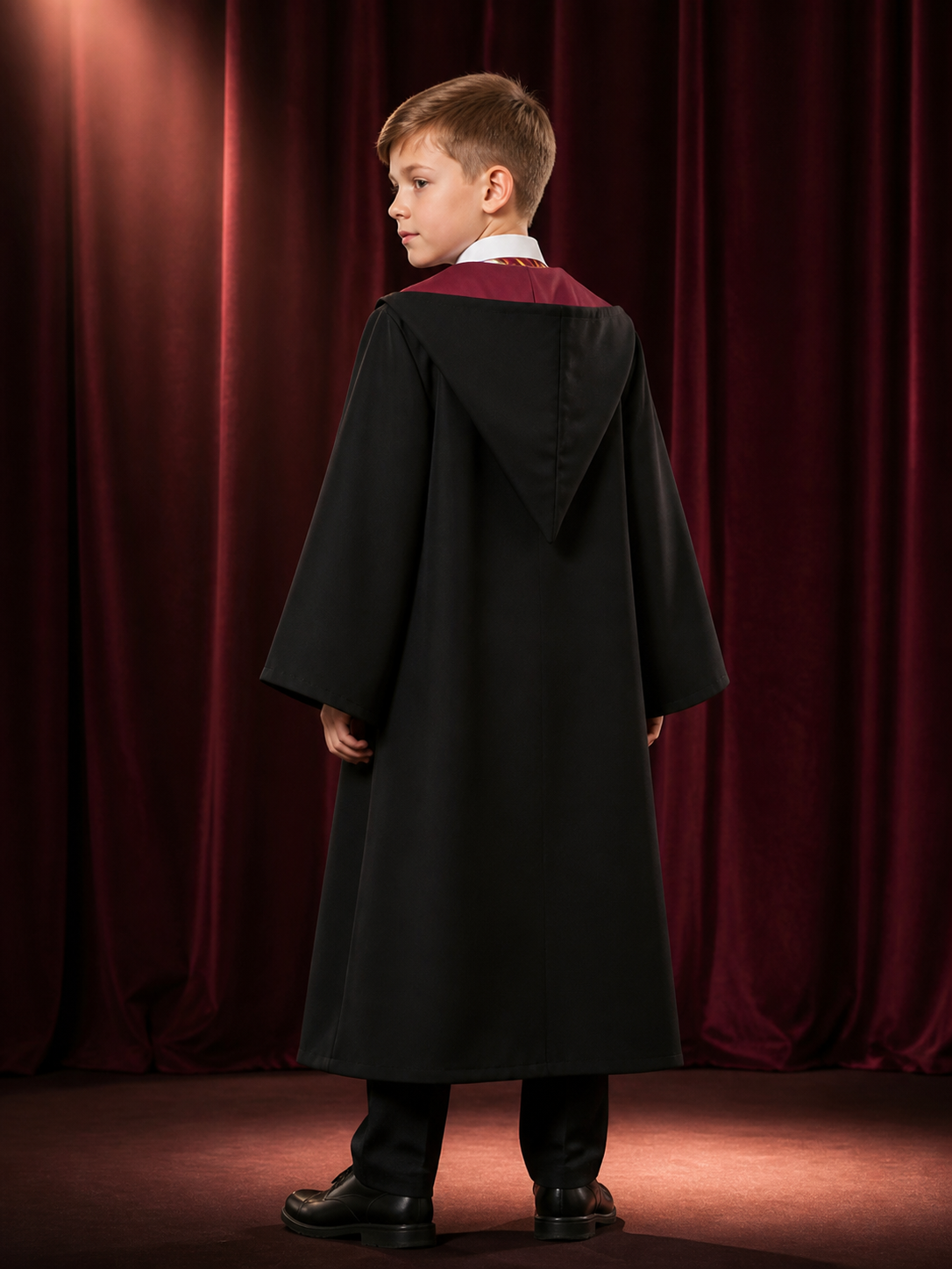 Hooded Wizard Robe Costume Set with Shirt and Striped Tie, Academy-Style Fantasy back view