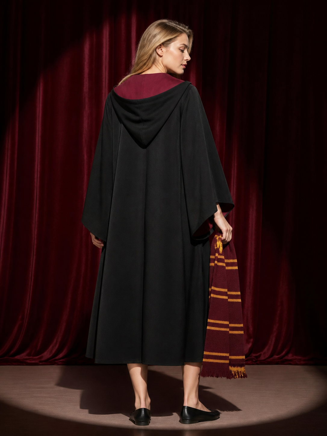 Children's Hooded Wizard Robe Costume Set with Striped Scarf back view