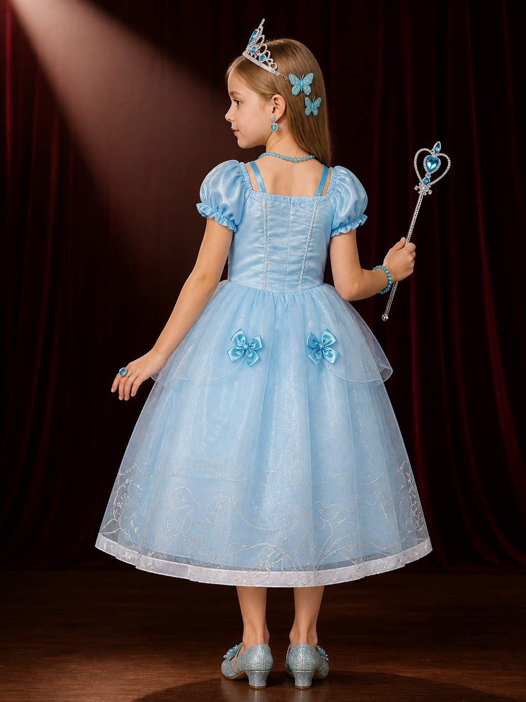 Girls Blue Princess Costume Dress Set with Crown, Wand, and Jewelry, Halloween back view