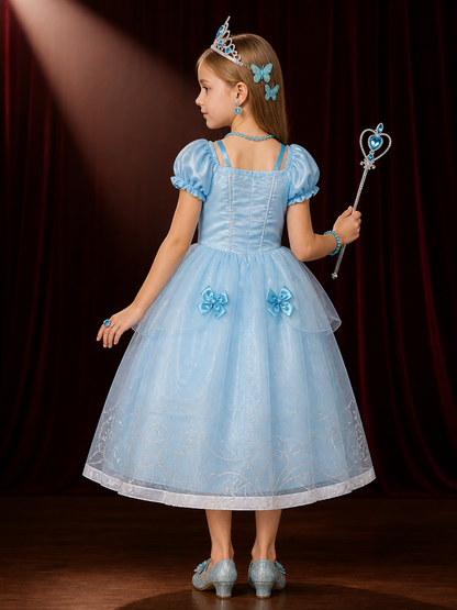 Girls Blue Princess Costume Dress Set with Crown, Wand, and Jewelry, Halloween back view