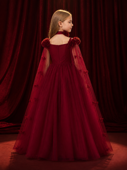Girls’ Maroon Princess Dress with Tulle Ball Gown Skirt and Necklace