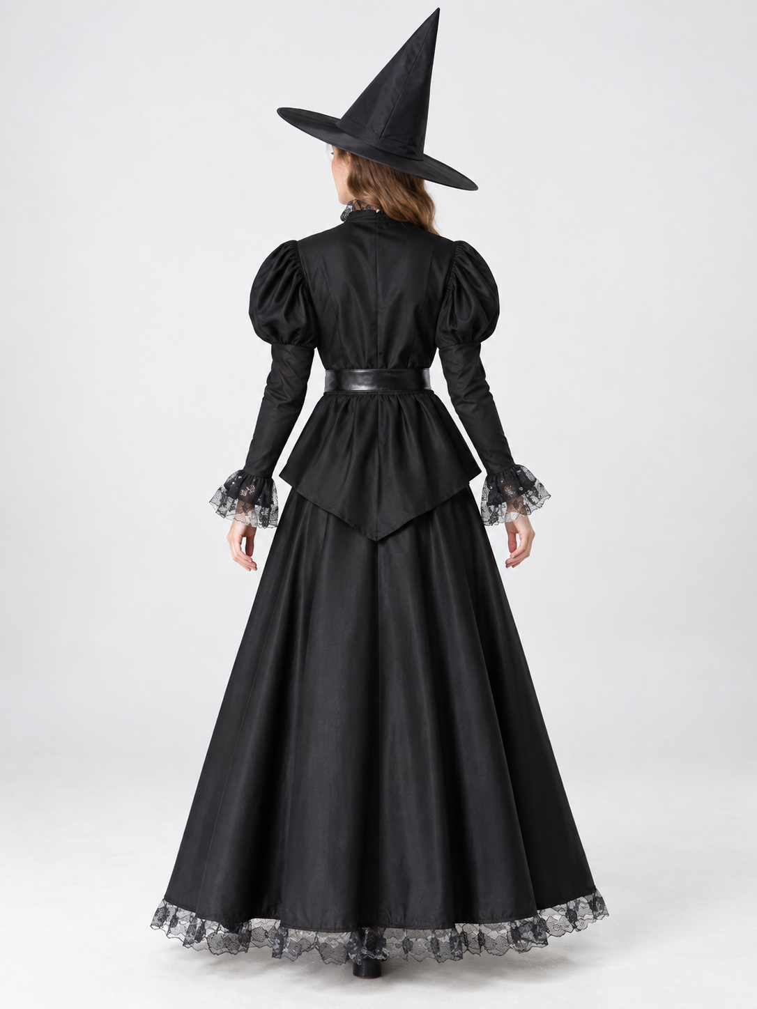 Witch Costume: Long Black Lace Dress, Hat, Belt