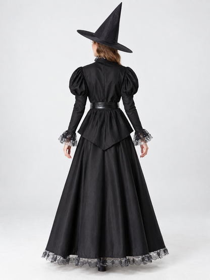 Witch Costume: Long Black Lace Dress, Hat, Belt