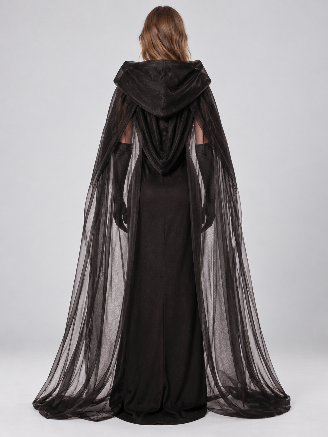 Halloween Costume: Black Dress, Cape, and Gloves