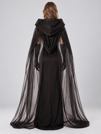 Halloween Costume: Black Dress, Cape, and Gloves