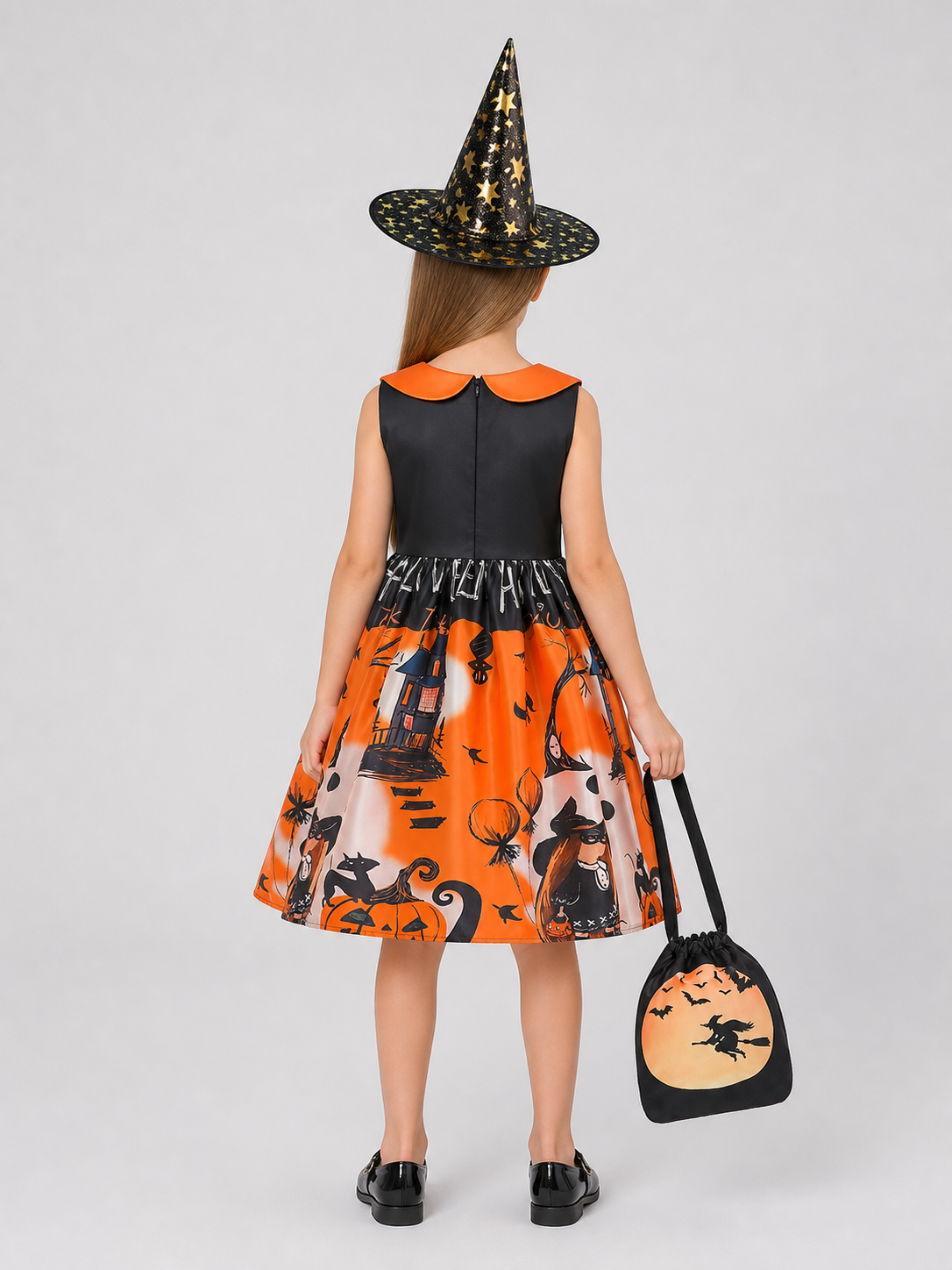 Children's Halloween Costume: Dress, Hat, and Handbag back view