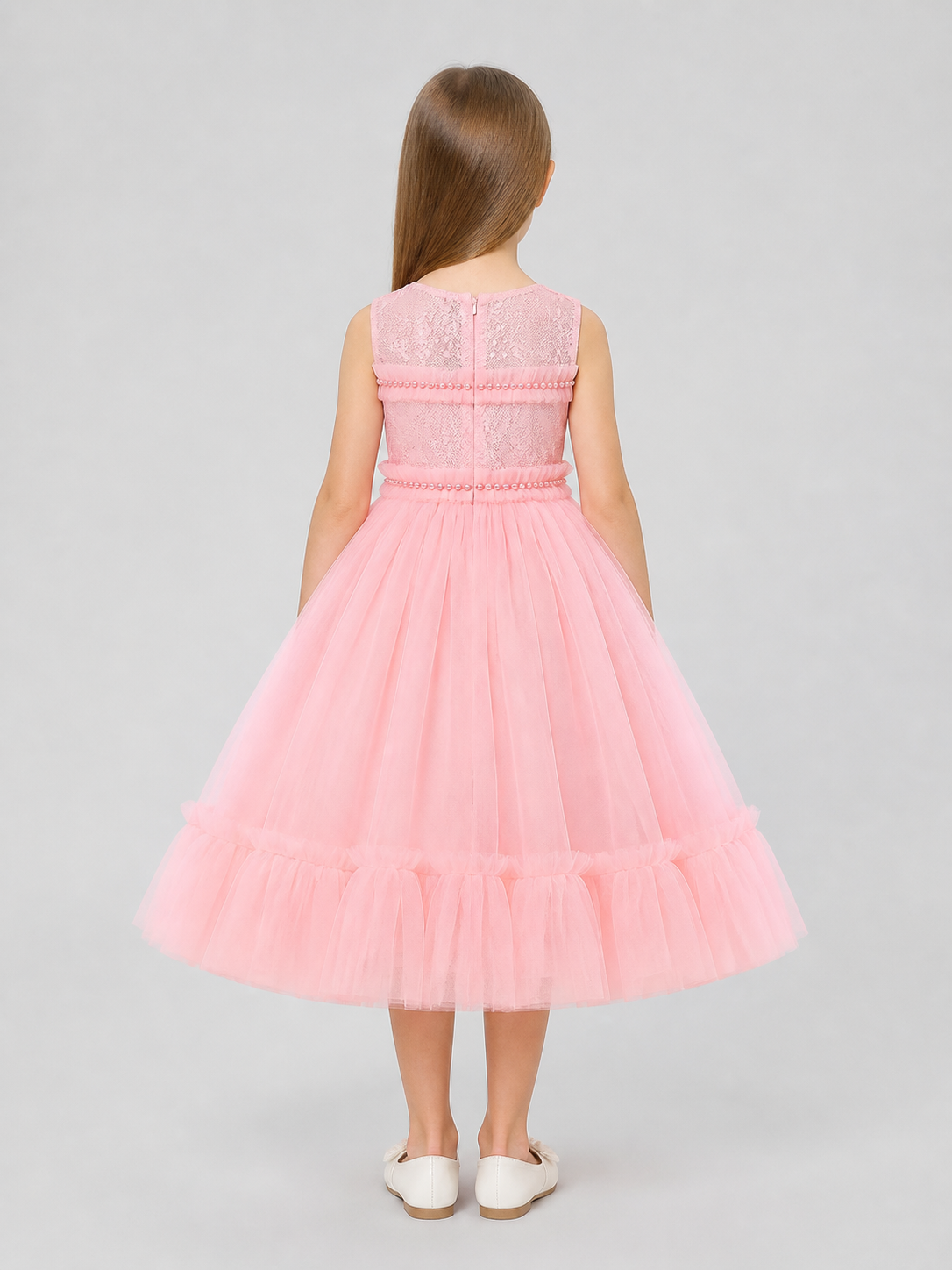 Long Pink Lace Princess Dress for Girls back view