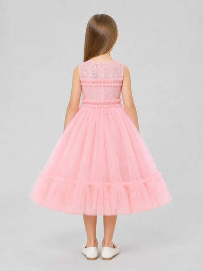Long Pink Lace Princess Dress for Girls back view