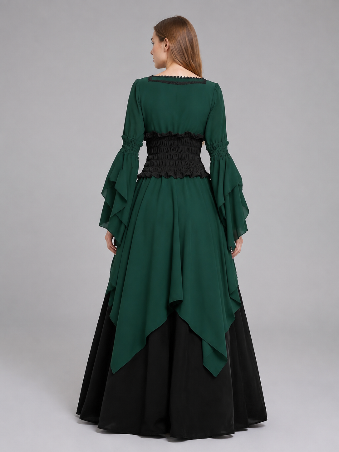 Layered Dark Green Dress with Flared Sleeves back view