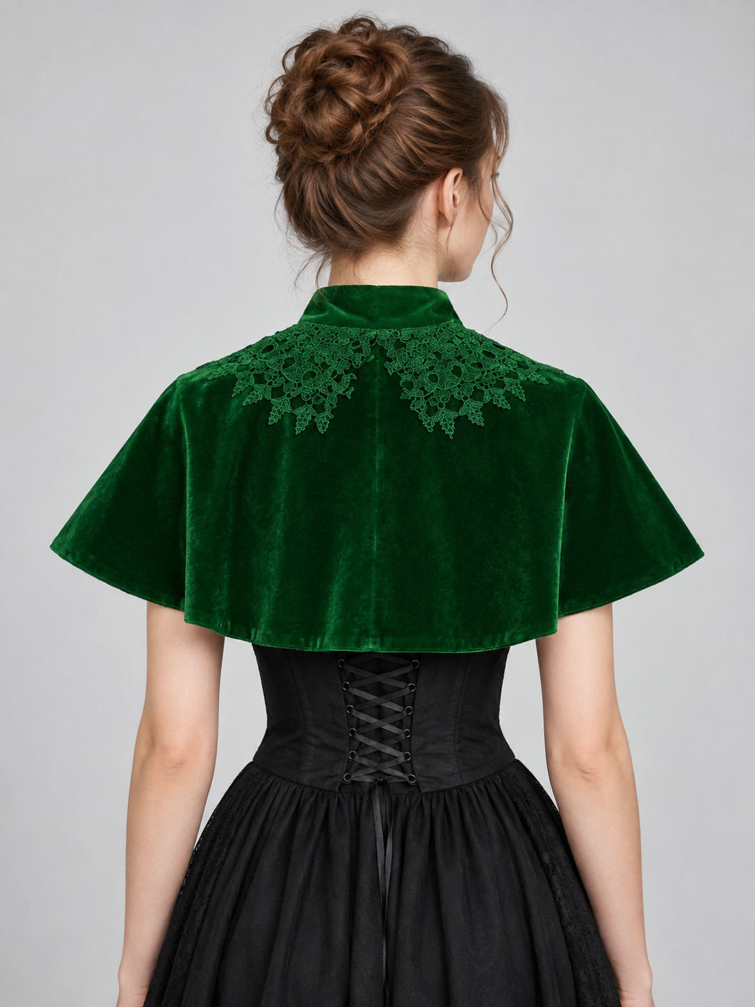 Green Velvet Capelet with Lace and High Collar