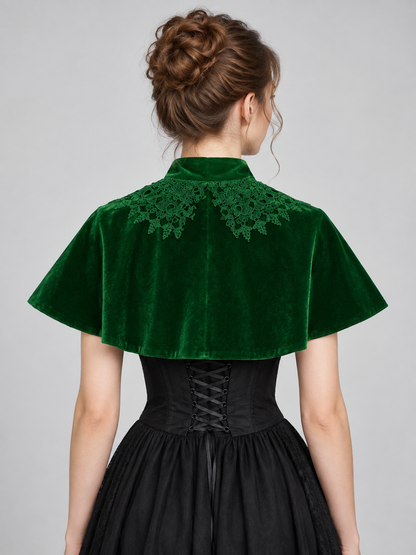 Green Velvet Capelet with Lace and High Collar
