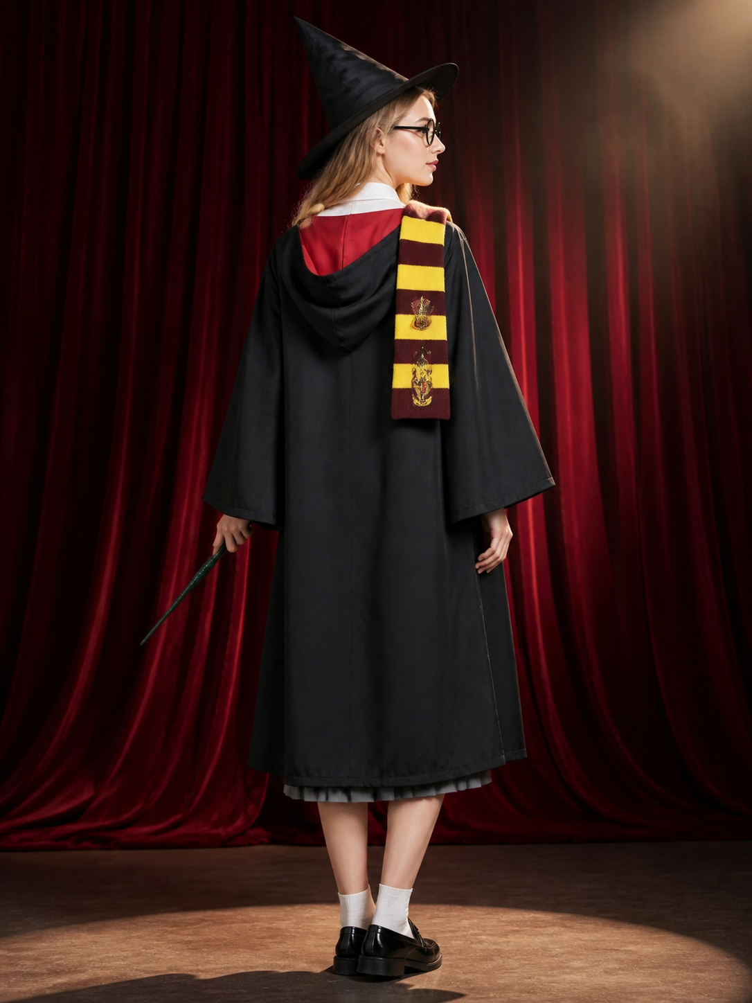 Wizard Costume Set, 8-Piece Robe Outfit with Hat, Scarf, Glasses, Wand and Tie back view