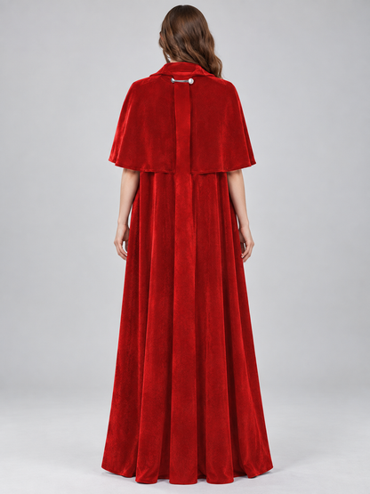 Long Red Velvet Cloak-Cape with Fastener