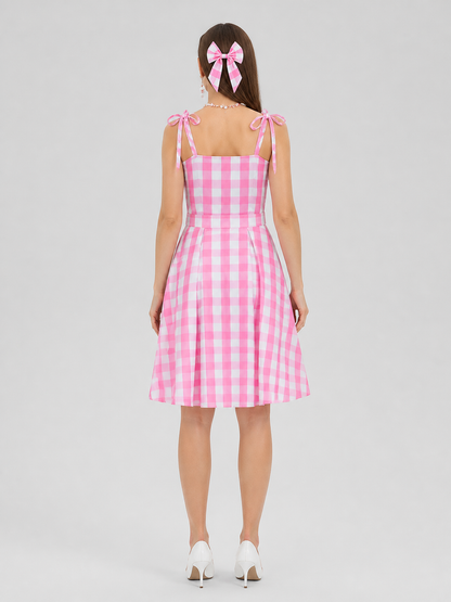 Barbie Pink-and-White Checkered Cosplay Dress back view