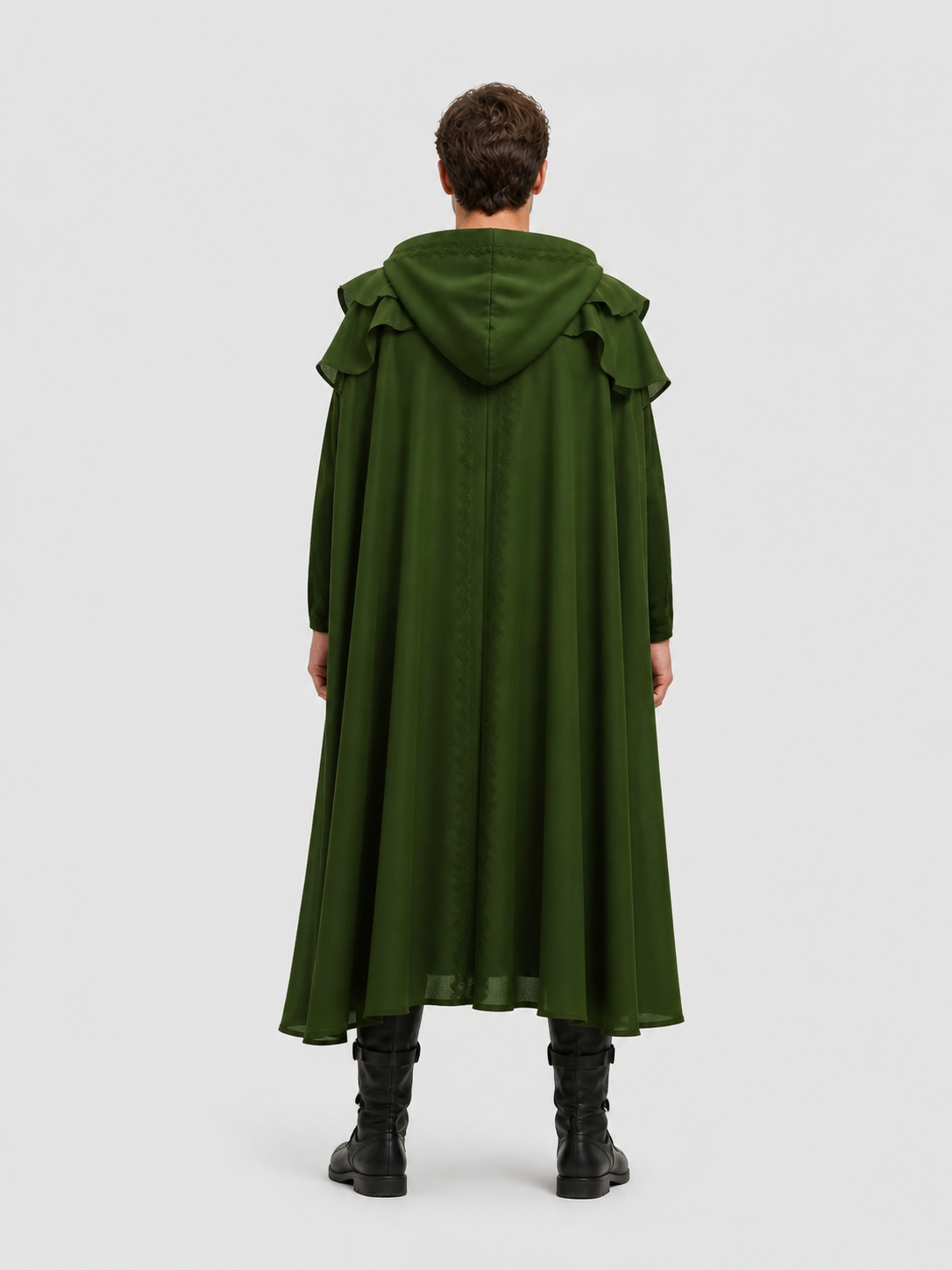 Dark Green Medieval Hooded Cloak for Halloween back view