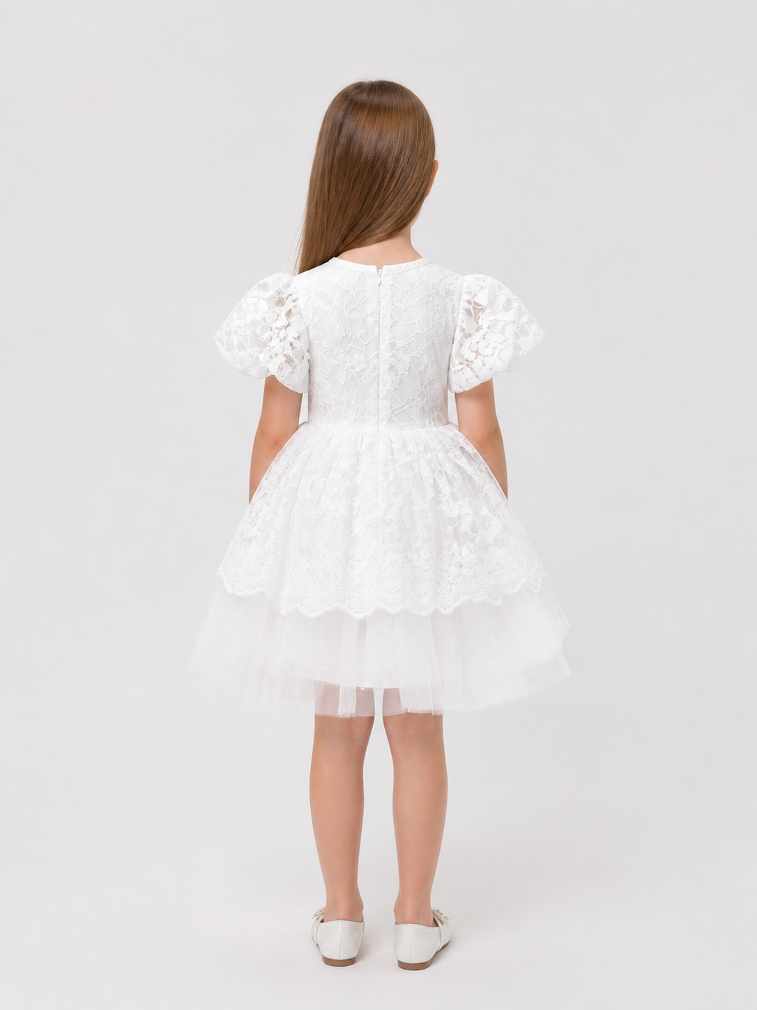 White Princess Dress for Girls with Lace and Full Skirt back view