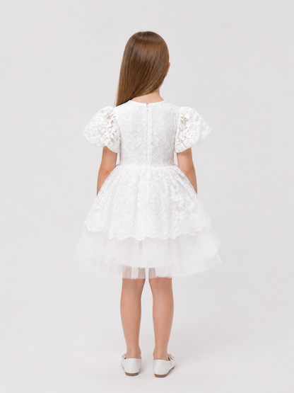 White Princess Dress for Girls with Lace and Full Skirt back view