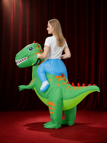 Adult Green Dinosaur Inflatable Halloween Costume with Orange Stripes and Red back view