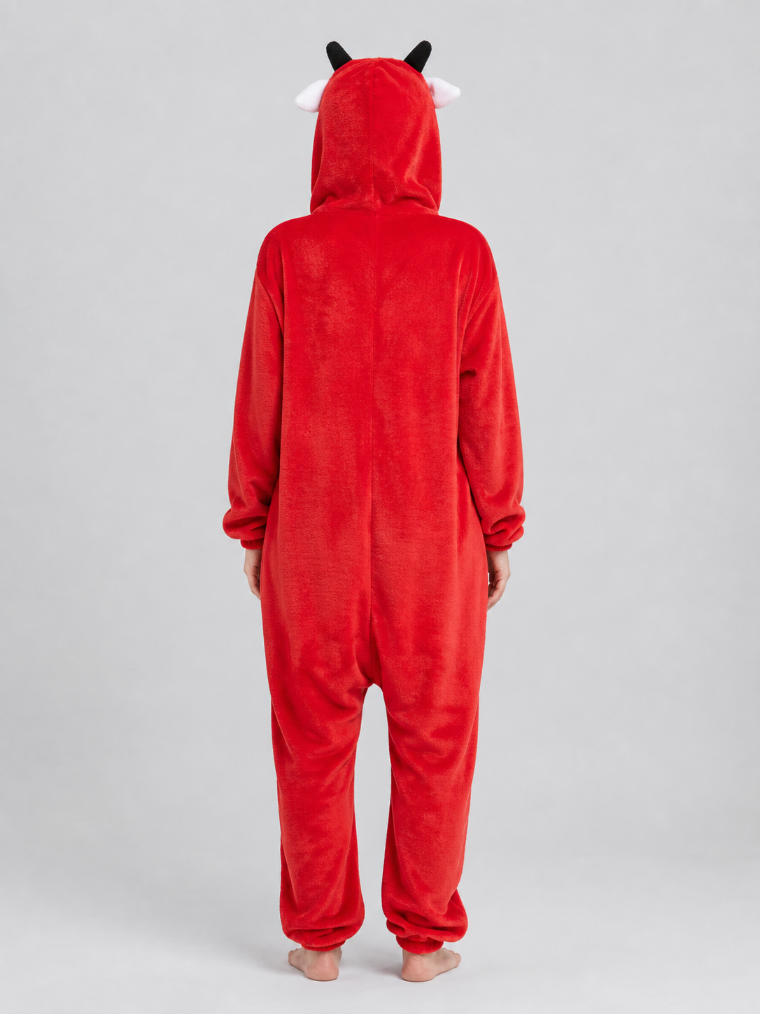 Red Plush Bull Kigurumi with Hood and Button Closure