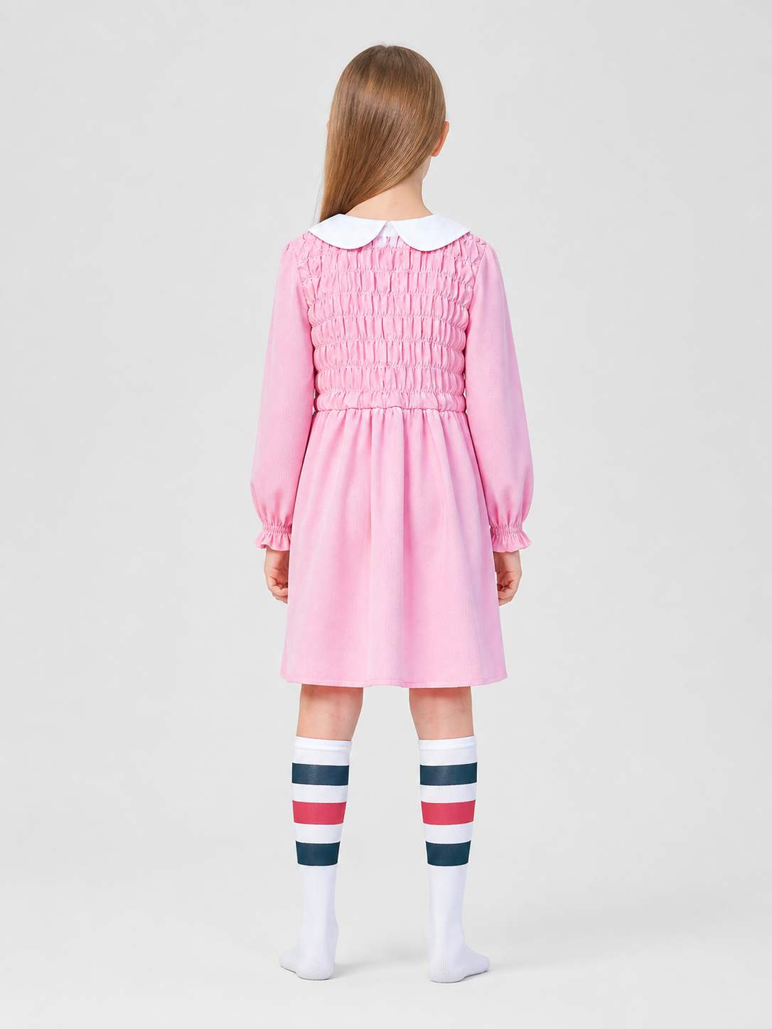 Children's Pink Dress with Collar and Striped Leg Warmers back view