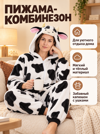 Flannel Cow Hooded Pajama Jumpsuit