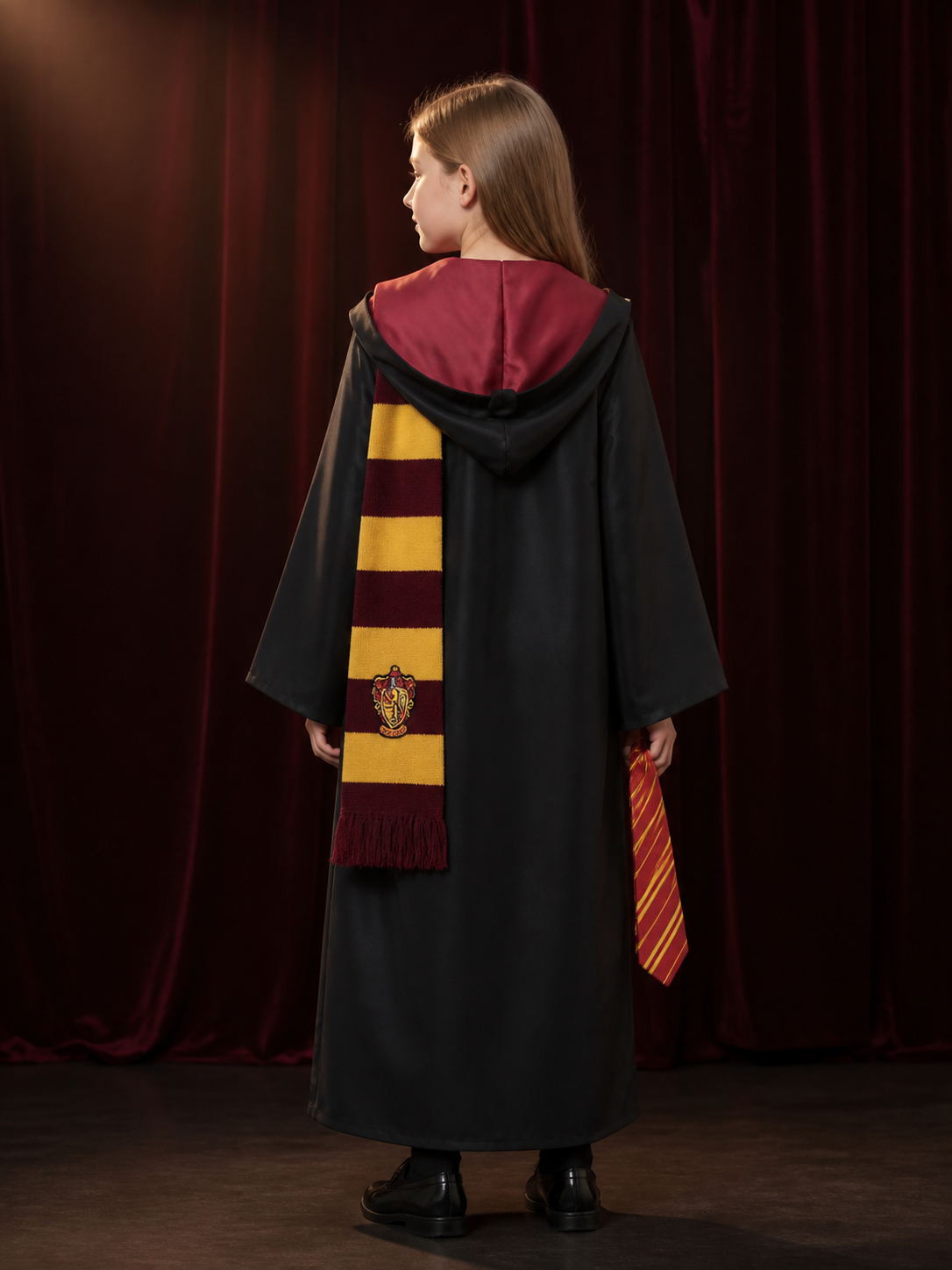 Unisex Wizard Robe Costume Set with Striped Tie and Scarf, Long Sleeve Hooded back view
